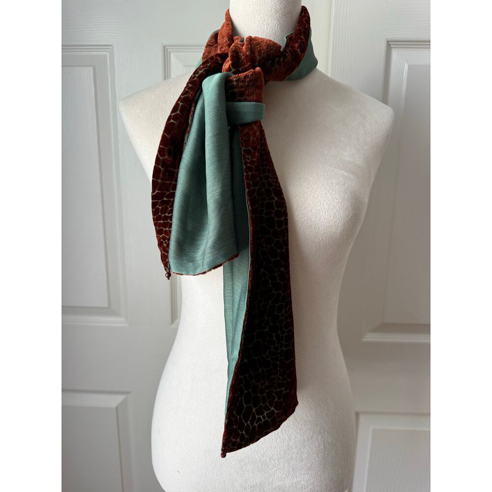 Green and Brown Burnout Velvet Silk Scarf Reptile Print Natural Stone Accents